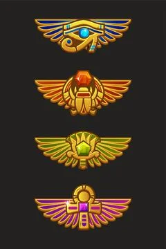 Colored UI symbols set-Egyptian scarab, Lotus, Ankh and eye of Horus with W.. Stock Illustration