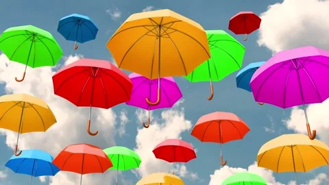 Colored umbrellas flying in the sky. Stock Footage 312869028