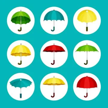 Colored umbrellas set. Convenient green protection rain and sun yellow Stock Illustration