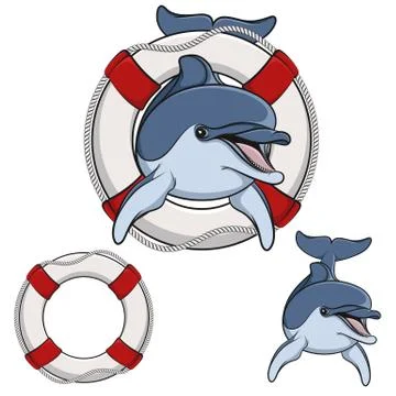 Colored vector illustration of a dolphin and a life buoy. Stock Illustration