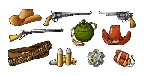 Colored vector illustrations of wild west weapons and items isolated on white Stock Illustration