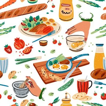 Colored vector seamless pattern of food and drink. Stock Illustration