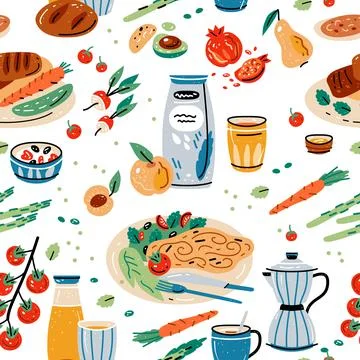 Colored vector seamless pattern of food and drink. Stock Illustration