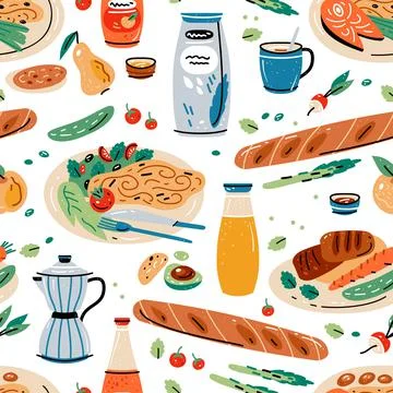 Colored vector seamless pattern of food and drink. Stock Illustration