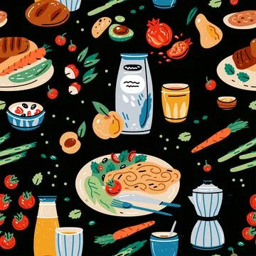 Colored vector seamless pattern of food and drink. Stock Illustration