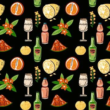 Colored vector seamless pattern of food and drink. Stock Illustration