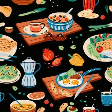 Colored vector seamless pattern of food and drink. Illustrazione stock