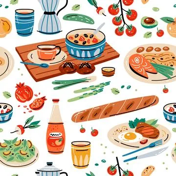 Colored vector seamless pattern of food and drink. Stock Illustration