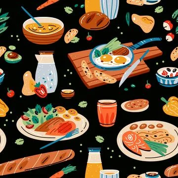 Colored vector seamless pattern of food and drink. Stock Illustration