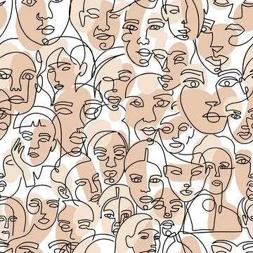 Colored vector seamless pattern. Modern abstract female faces one line art Stock Illustration