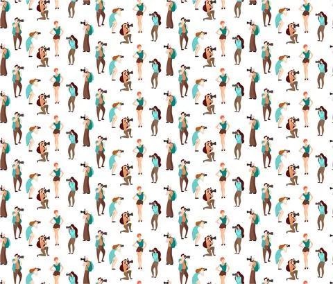 Colored vector seamless patterns People.Set of various photographers holding Ilustração Stock