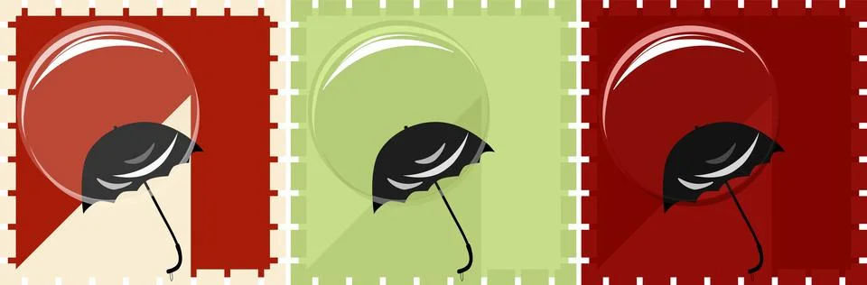 Colored vector squares, inside which there are black umbrellas and large ra.. 库存插图