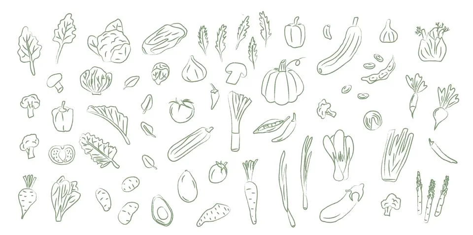 Colored vegetable doodle set in crayon sketch style. Hand drawn garden produce Stock Illustration