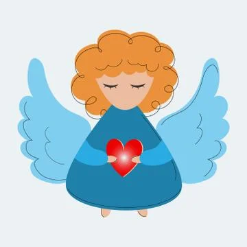 Colored version of cute angel with wings and heart Icon. Hand drawn flat sketch Stock Illustration