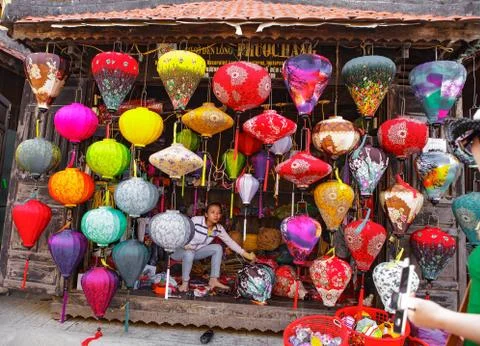 Colored vietnamese silk lanterns Stock Photos