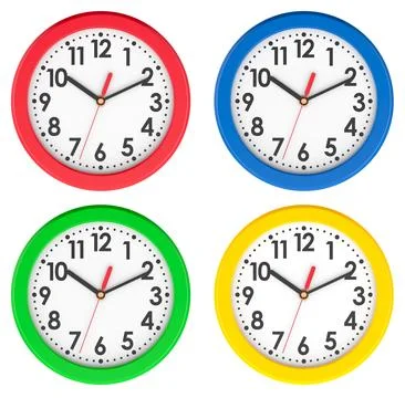 Colored Wall Clocks, front view. 3D rendering Stock Illustration