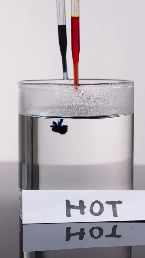 Colored Water Droplets Diffusing in Hot Water Glass Experiment Stock Footage 318695287