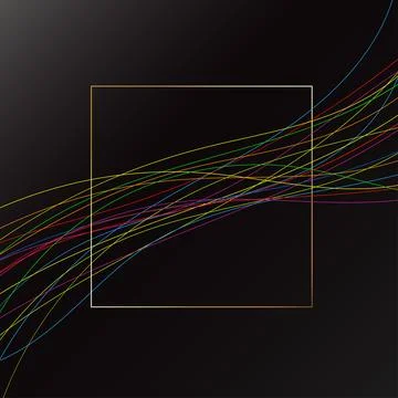 Colored wave threads and golden square on black abstract background Stockillustratie
