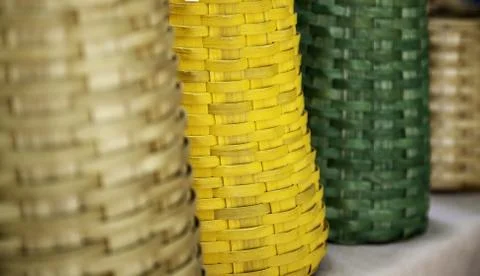 Colored wicker baskets, detail of object for food transport Stock Photos