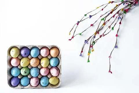 Colored willow branch and colored eggs in a cage of eggs. Stock Photos