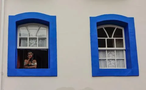 Colored windows of ancient building in Ouro Preto, Minas Gerais, Brazil Stock Photos