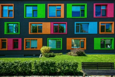 Colored windows of the facade of kindergarten Stock Photos