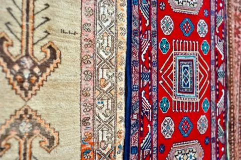 Colored wool handmade carpets closeup Stock Photos