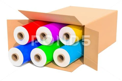 Colored wrapping plastic stretch films in cardboard box, 3D rendering Stock Illustration
