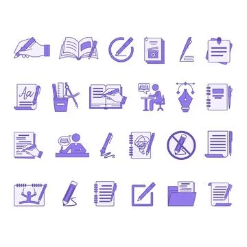 Colored Writing Icon Set. Vector Icons Book, Compose, Writer, Stationery, E.. Ilustración de archivo