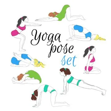 Colored yoga poses set, hand-drawn image. Stock Illustration