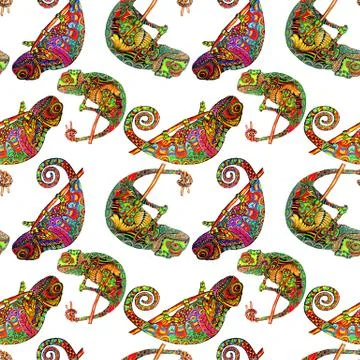 Colored zentangle chameleon seamless pattern. Doodle exotic wild animal Stock Illustration