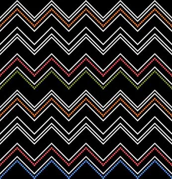 Colored zig-zag pattern on black. Seamless chevron texture Illustrazione stock