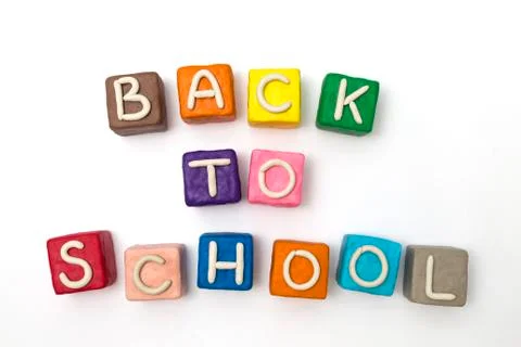 Coloreful blocks made of modeling clay with letters, put in words back to school Foto stock