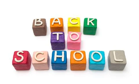 Coloreful blocks made of modeling clay with letters, put in words back to school Stock Photos