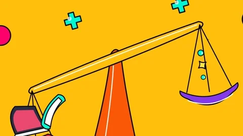 Colorful 2D Animation Of A Weighing Scale With Geometric Shapes Stock Footage 341373475