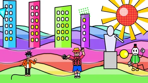 Colorful 2D Cartoon Animation With Dancing Characters In Vibrant City Stock Footage 341366645
