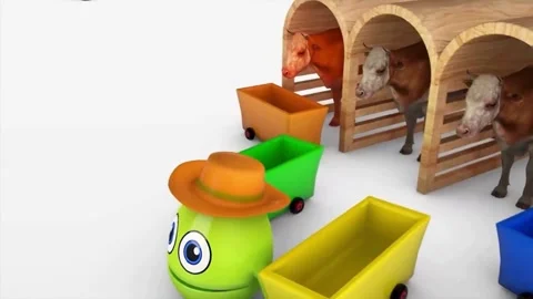 Colorful 3D Animation of Egg Character Collecting Balls from Train and Feeding C Stock Footage 345809981