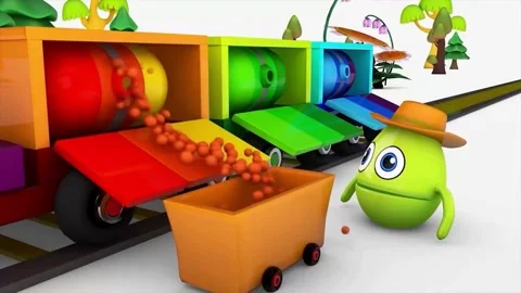 Colorful 3D Animation of Egg Character Collecting Balls from Train and Feeding C Stock Footage 345809985