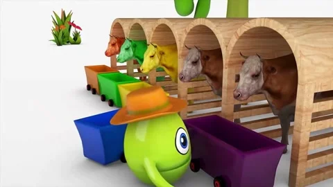 Colorful 3D Animation of Egg Character Collecting Balls from Train and Feeding C Stock Footage 345809988