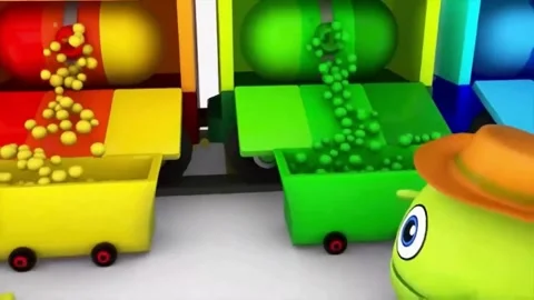 Colorful 3D Animation of Egg Character Collecting Balls from Train and Feeding C Stock Footage 345809997
