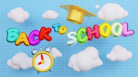 Colorful 3D Back to School Text banner with Clock and Clouds Stock Photos
