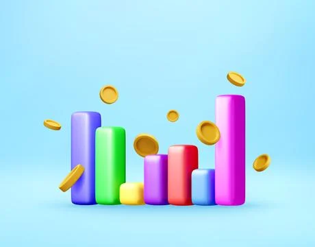Colorful 3D bar graph with floating coins Illustrazione stock