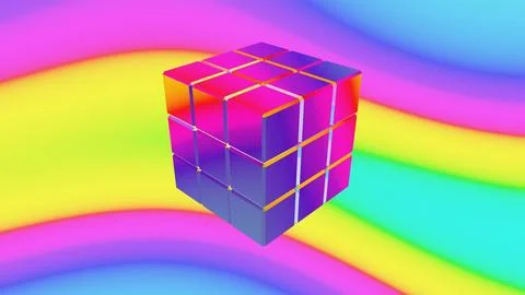 Colorful 3D cube floating effortlessly on a vibrant rainbow gradient backdrop Stock Illustration