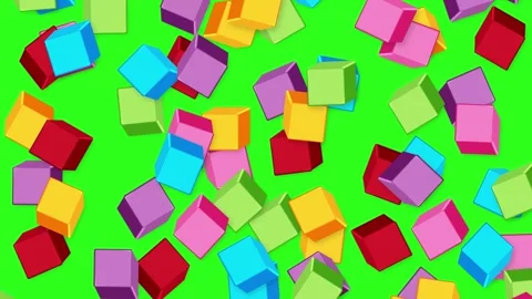 Colorful 3D Cubes Falling Against a Bright Green Screen Background Stock Footage 345293998