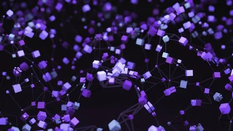 Colorful 3d cubes with network move in space. Design. Connecting chains with 3d Stock Illustration