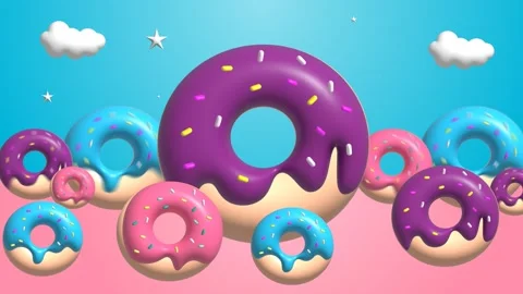Colorful 3d donuts floating in a bright blue sky with clouds Stock Footage 339528221