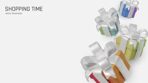 Colorful 3D gift boxes with shiny white ribbons on clean minimal background. Illustrazione stock