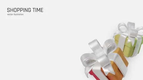 Colorful 3D gift boxes with shiny white ribbons on clean minimal background. Stock Illustration