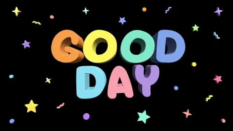 Colorful 3D Good Day Text Animation with Floating Confetti on Black Background Stock Footage 335861186