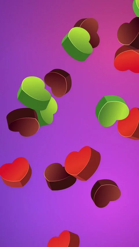 Colorful 3D Hearts Falling Against a Vibrant Purple Gradient Background Stock Footage 344616904